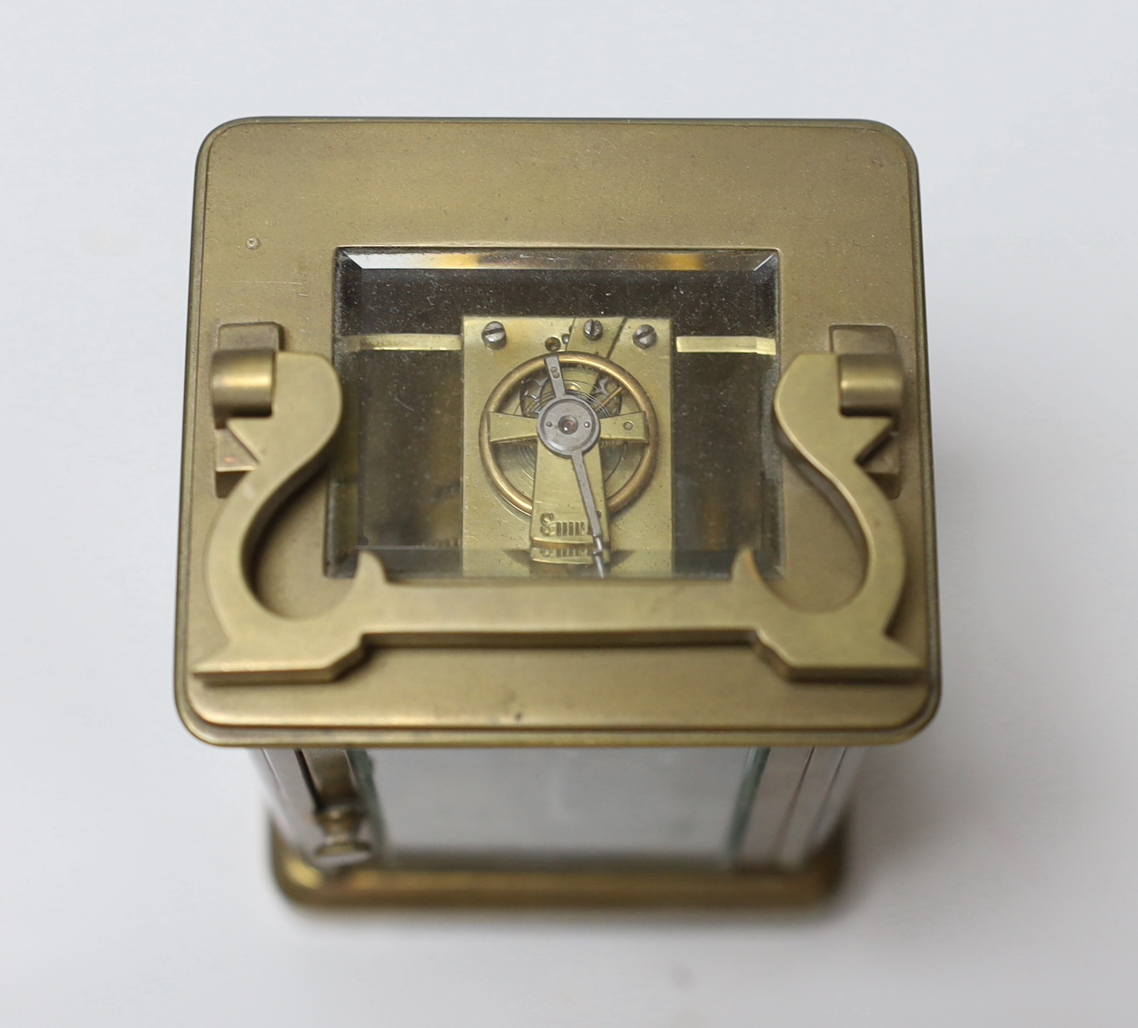 A French carriage timepiece with enamel dial, 15cm high